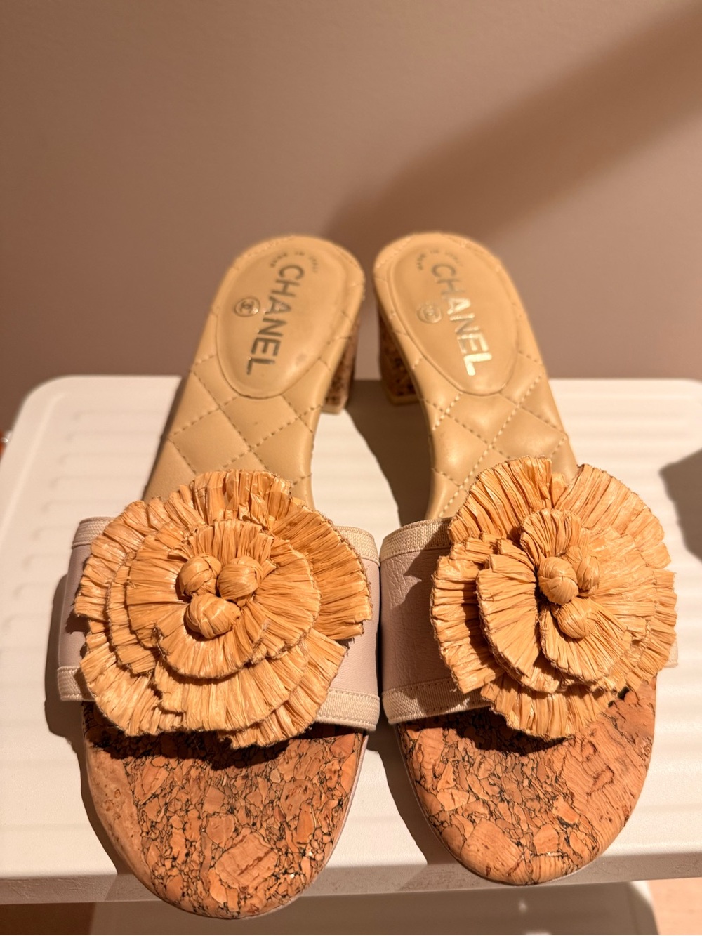 Chanel Beige Leather Raffia Camellia Flower Cork Block Heel Mule Sandals 37.5